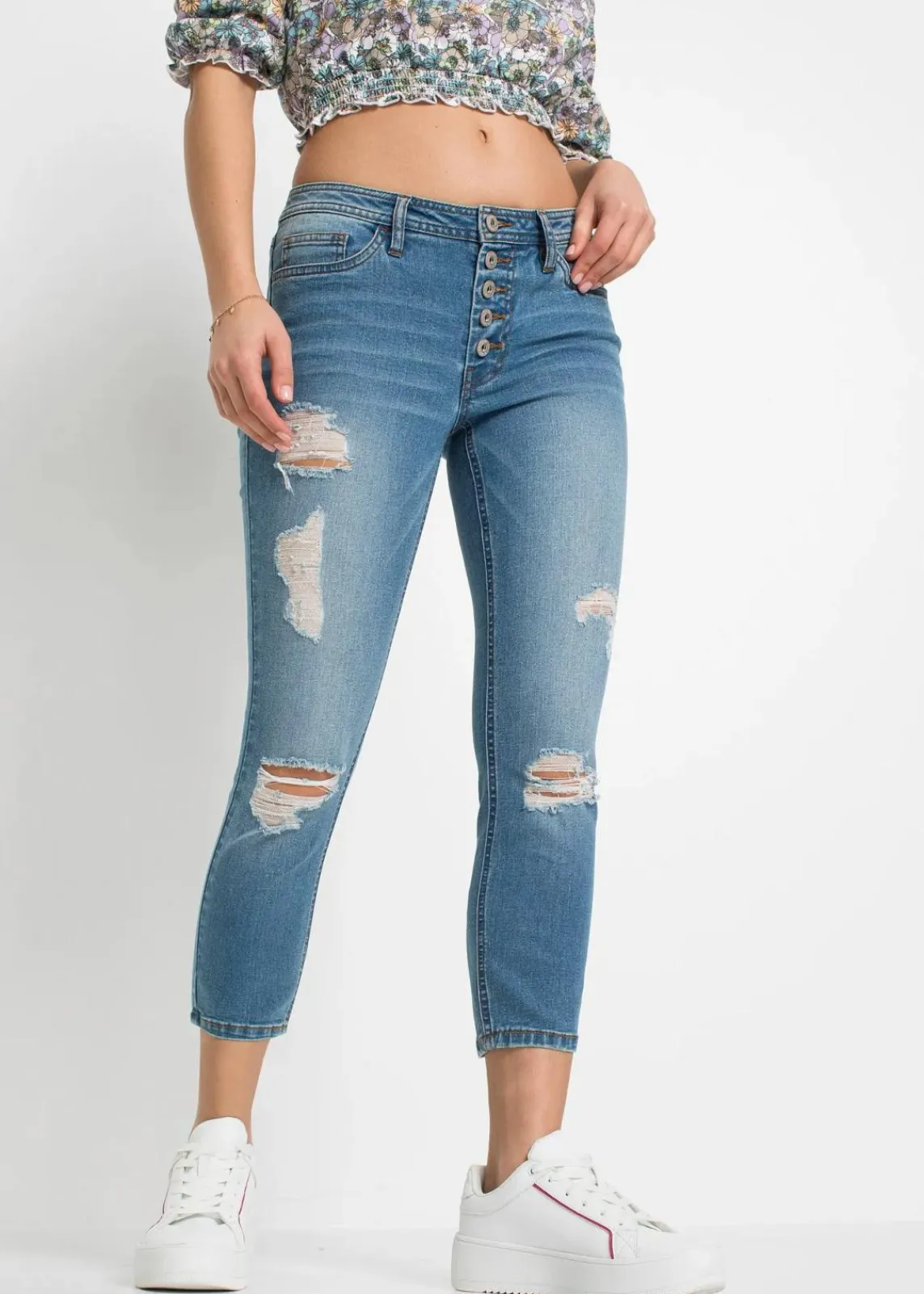 bonprix Jeans^Skinny-Jeans, Mid Waist, Destroyed hellblau denim