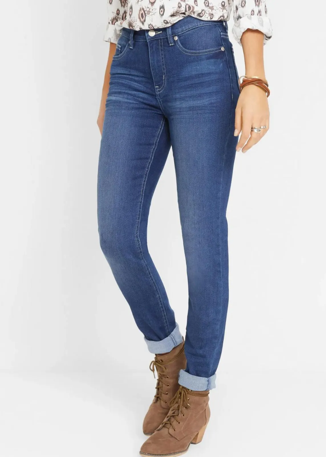 bonprix Jeans|Kurzgrößen^Slim Jeans Mid Waist, Stretch blau used