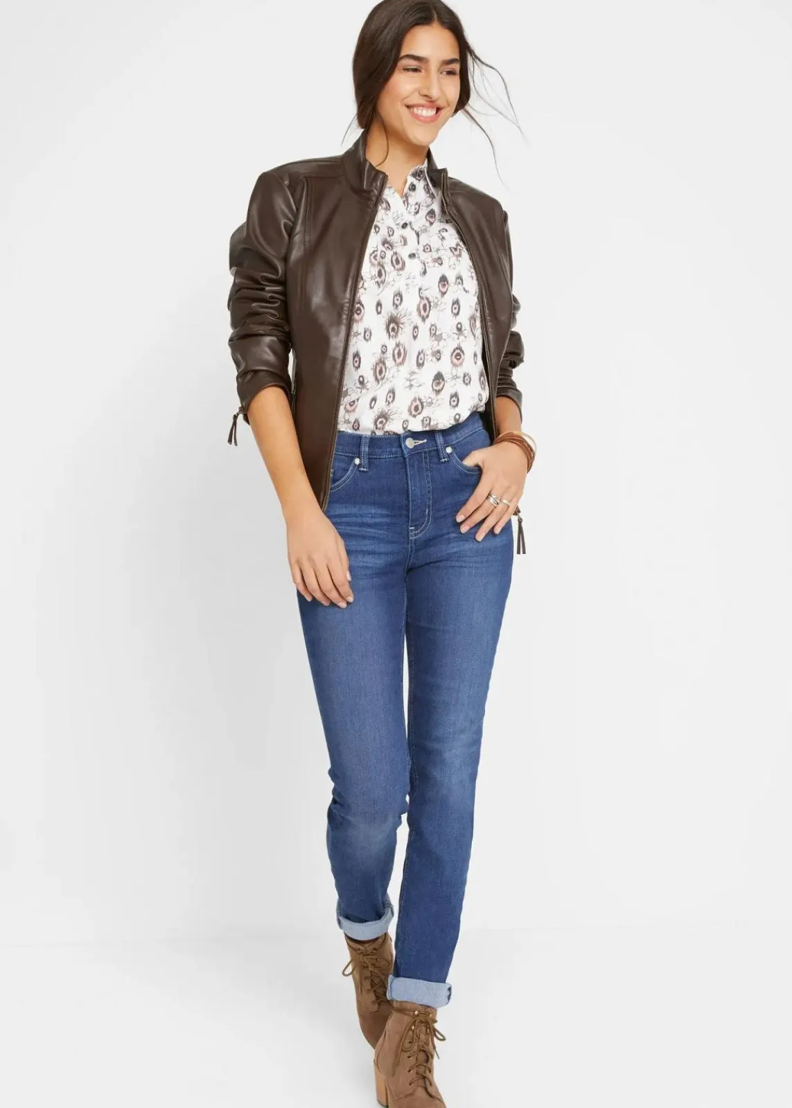 bonprix Jeans|Kurzgrößen^Slim Jeans Mid Waist, Stretch blau used