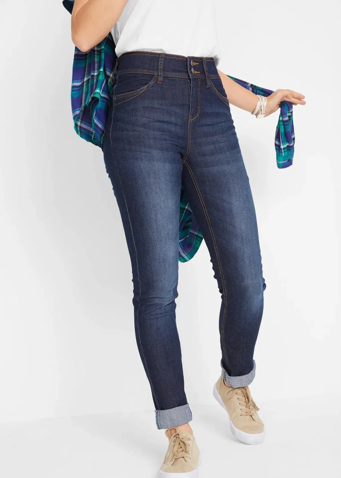 bonprix Kurzgrößen|Bekleidung·Shirts & Tops^Slim-Fit-Jeans High Waist, Komfort-Stretch dunkelblau denim used