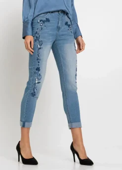 bonprix Bekleidung·Shirts & Tops|Jeans^Slim-Fit-Jeans, Mid Waist, cropped hellblau denim geblümt