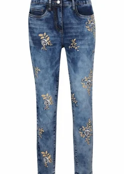 bonprix Bekleidung·Shirts & Tops|Jeans^Slim-Fit-Jeans mit floraler Stickerei blau denim
