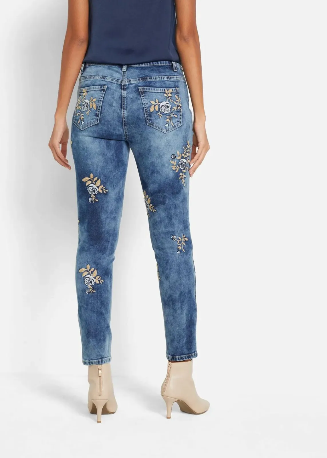 bonprix Bekleidung·Shirts & Tops|Jeans^Slim-Fit-Jeans mit floraler Stickerei blau denim
