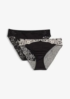 bonprix Wäsche·Dessous|Wäsche·Höschen^Slip aus zweifarbiger Spitze (2er Pack) schwarz/wollweiß + schwarz
