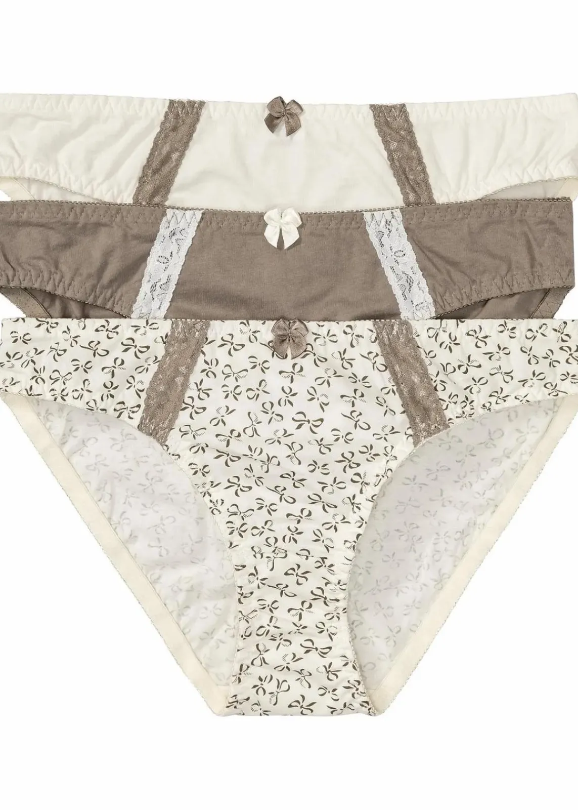 bonprix Wäsche·Baumwollunterwäsche|Wäsche·Höschen^Slip mit femininem Druck (3er Pack) creme bedruckt + taupe + creme