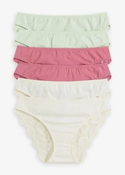 bonprix Höschen|Baumwollunterwäsche^Slip mit Spitze (6er Pack) wollweiß+hellschilf+beerensorbet