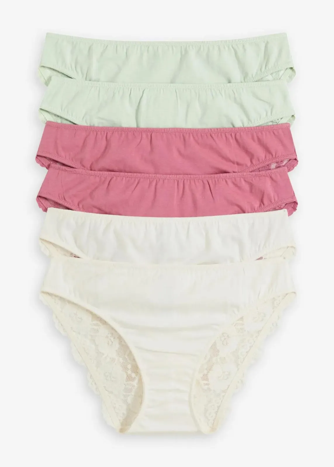 bonprix Höschen|Baumwollunterwäsche^Slip mit Spitze (6er Pack) wollweiß+hellschilf+beerensorbet