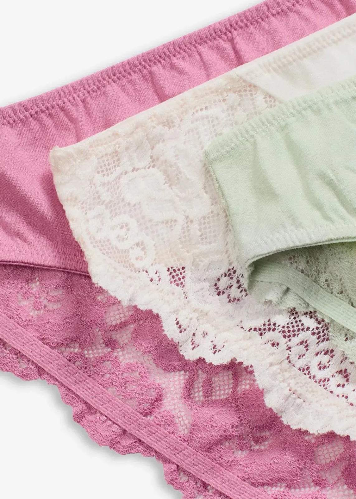 bonprix Höschen|Baumwollunterwäsche^Slip mit Spitze (6er Pack) wollweiß+hellschilf+beerensorbet