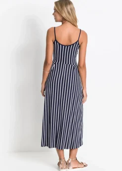 bonprix Kleider|Nachhaltigere Materialien^Sommerliches Jerseykleid mit Knopfleiste und Streifen dunkelblau/weiß gestreift