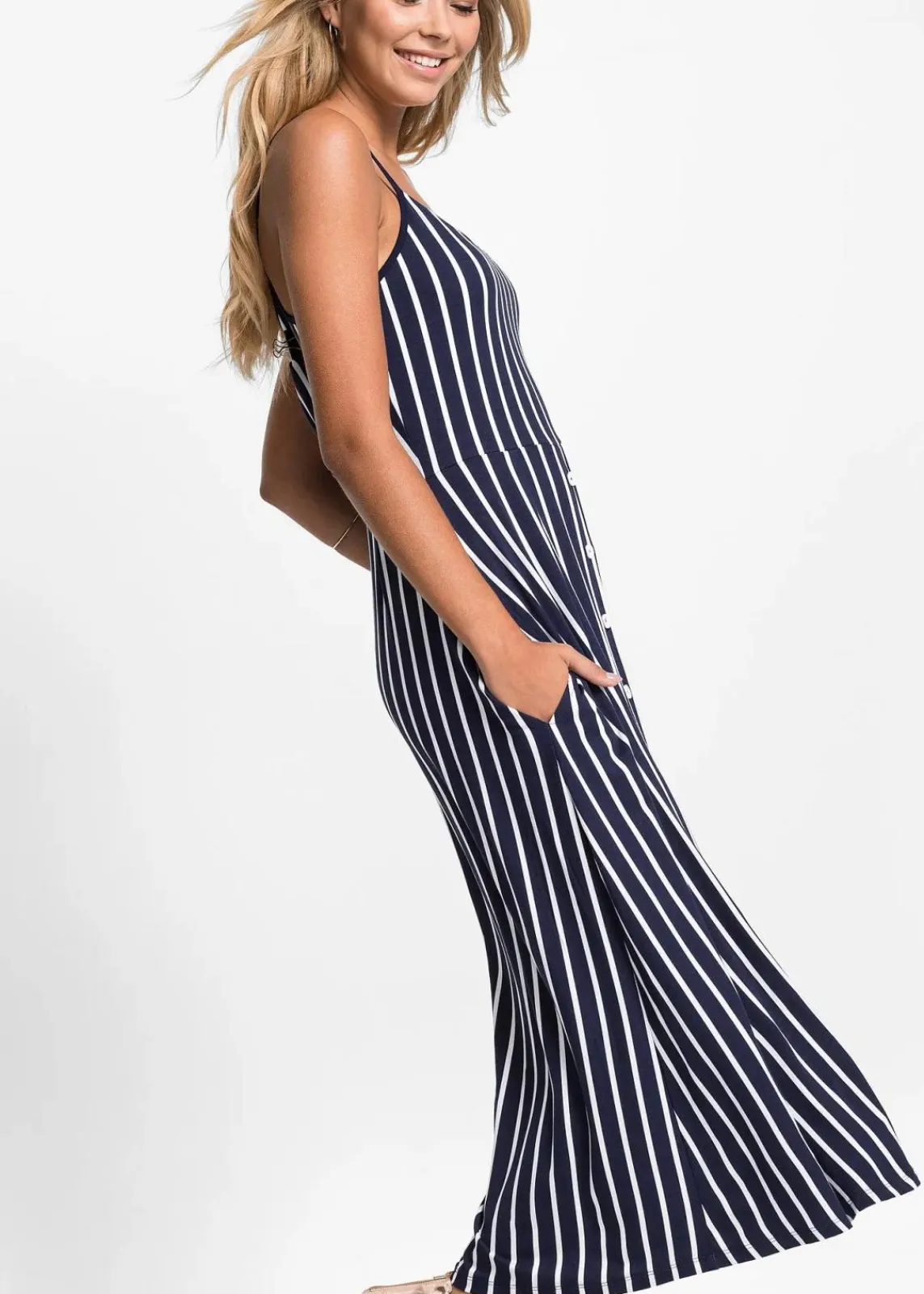 bonprix Kleider|Nachhaltigere Materialien^Sommerliches Jerseykleid mit Knopfleiste und Streifen dunkelblau/weiß gestreift