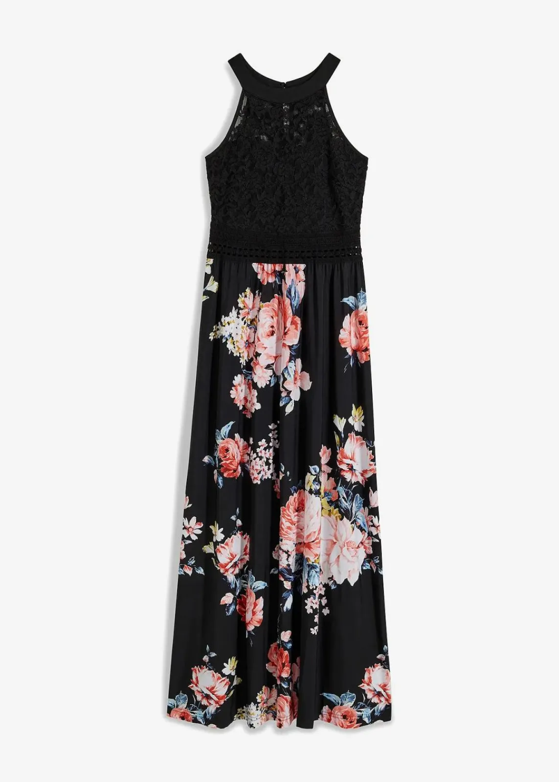 bonprix Kleider|Bekleidung·Pullover & Strickjacken^Sommer-Maxikleid mit Blumen-Print und Spitze schwarz / rosa geblümt