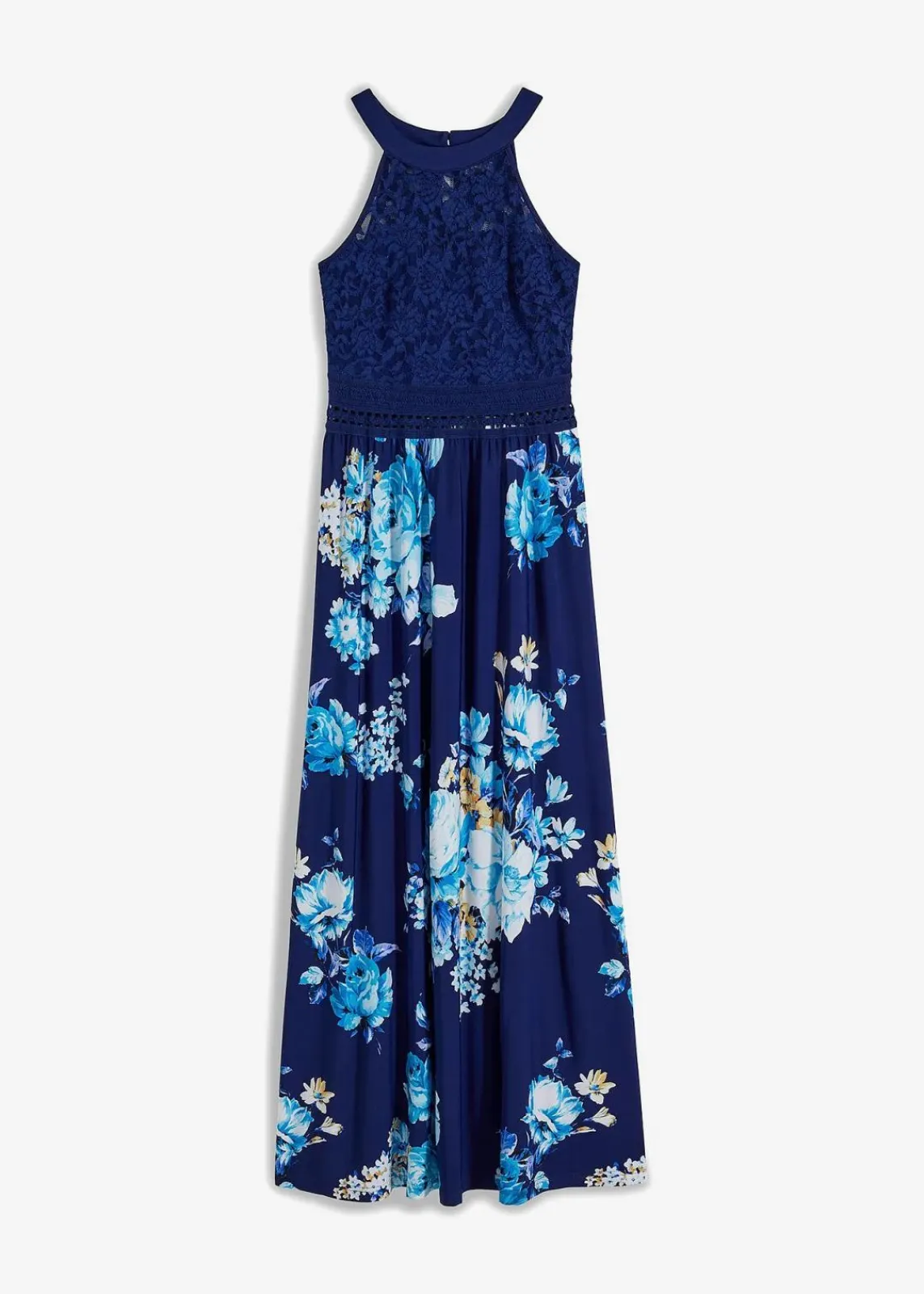 bonprix Bekleidung·Pullover & Strickjacken|Kleider^Sommer-Maxikleid mit Blumen-Print und Spitze dunkelblau/lila/rosa geblümt