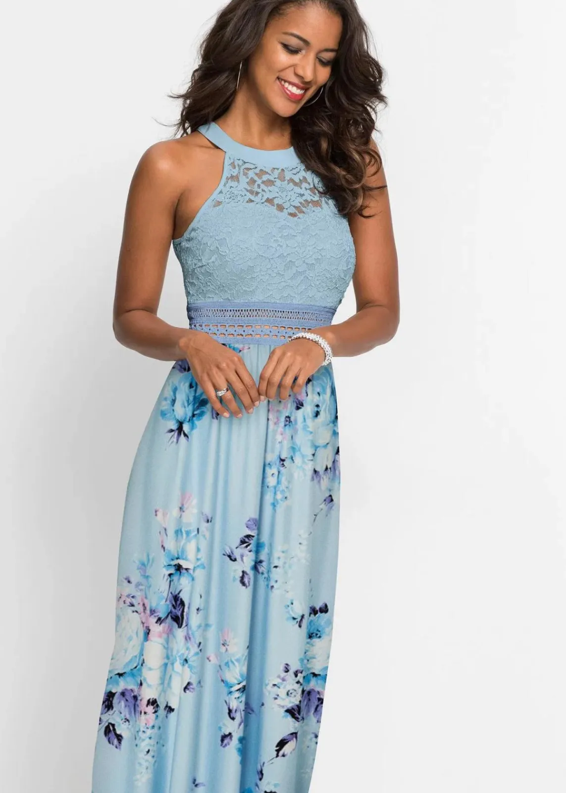 bonprix Kleider|Bekleidung·Pullover & Strickjacken^Sommer-Maxikleid mit Blumen-Print und Spitze hellblau/rosa geblümt