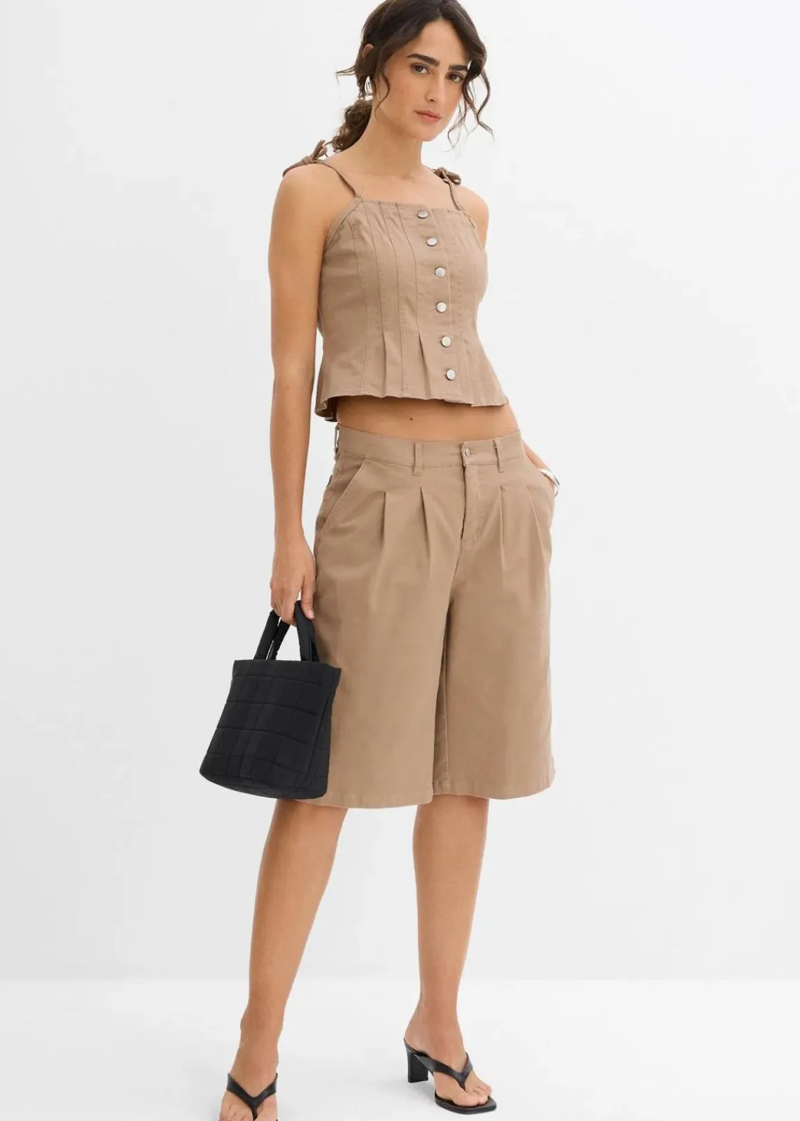 bonprix Zweiteiler & Sets|Shirts & Tops^Spaghettiträger-Top aus elastischem Baumwoll-Mix graubraun washed