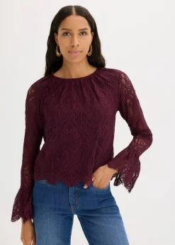bonprix Bekleidung·Jacken & Mäntel|Blusen & Tuniken^Spitzen-Bluse mit Volants weinrot