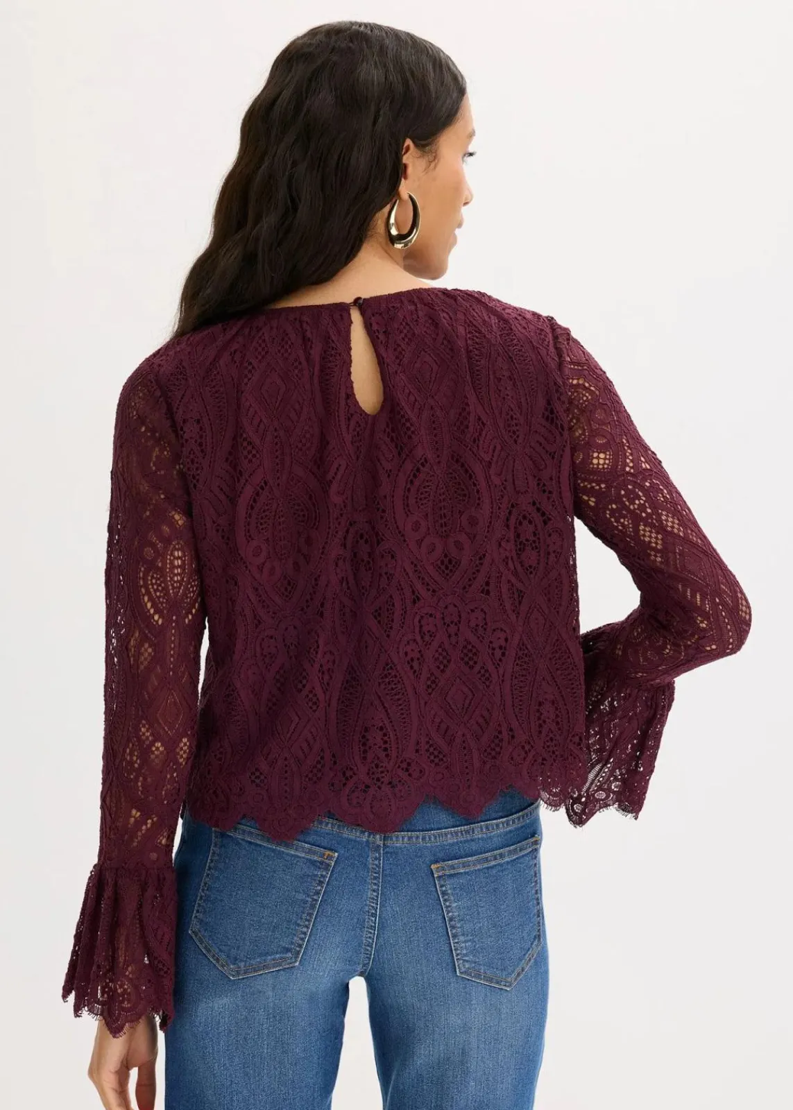 bonprix Bekleidung·Jacken & Mäntel|Blusen & Tuniken^Spitzen-Bluse mit Volants weinrot