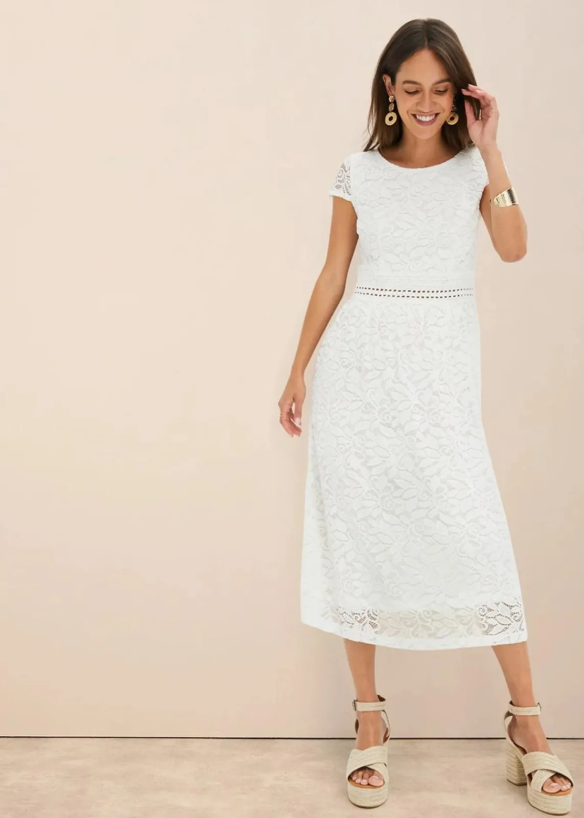 bonprix Kleider^Spitzenkleid mit Häkel-Einsatz in der Taille wollweiß