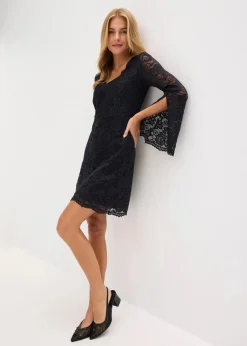 bonprix Bekleidung·Pullover & Strickjacken|Kleider^Spitzenkleid mit Trompetenärmeln schwarz