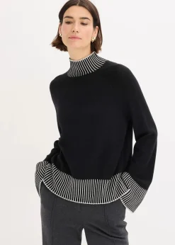 bonprix Strickmode|Pullover & Strickjacken^Stehkragenpullover mit Kaschmiranteil schwarz/naturbeige