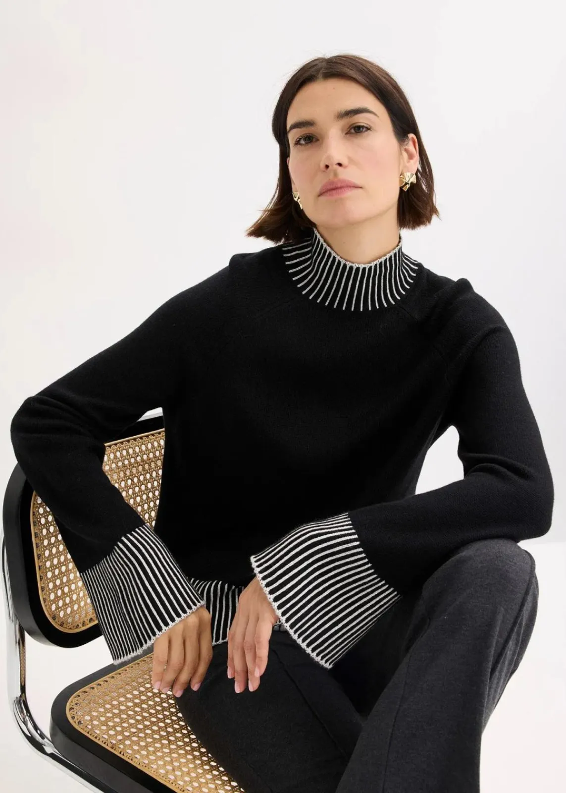 bonprix Strickmode|Pullover & Strickjacken^Stehkragenpullover mit Kaschmiranteil schwarz/naturbeige