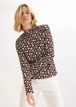 bonprix Shirts & Tops^Stehkragenshirt mit Struktur cremeweiß/weinrot graphisch bedruckt