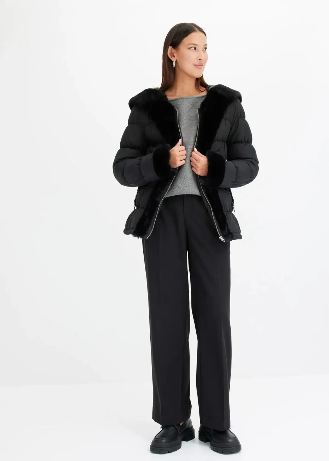 bonprix Bekleidung·Hosen|Jacken & Mäntel^Steppjacke mit Fellimitat schwarz