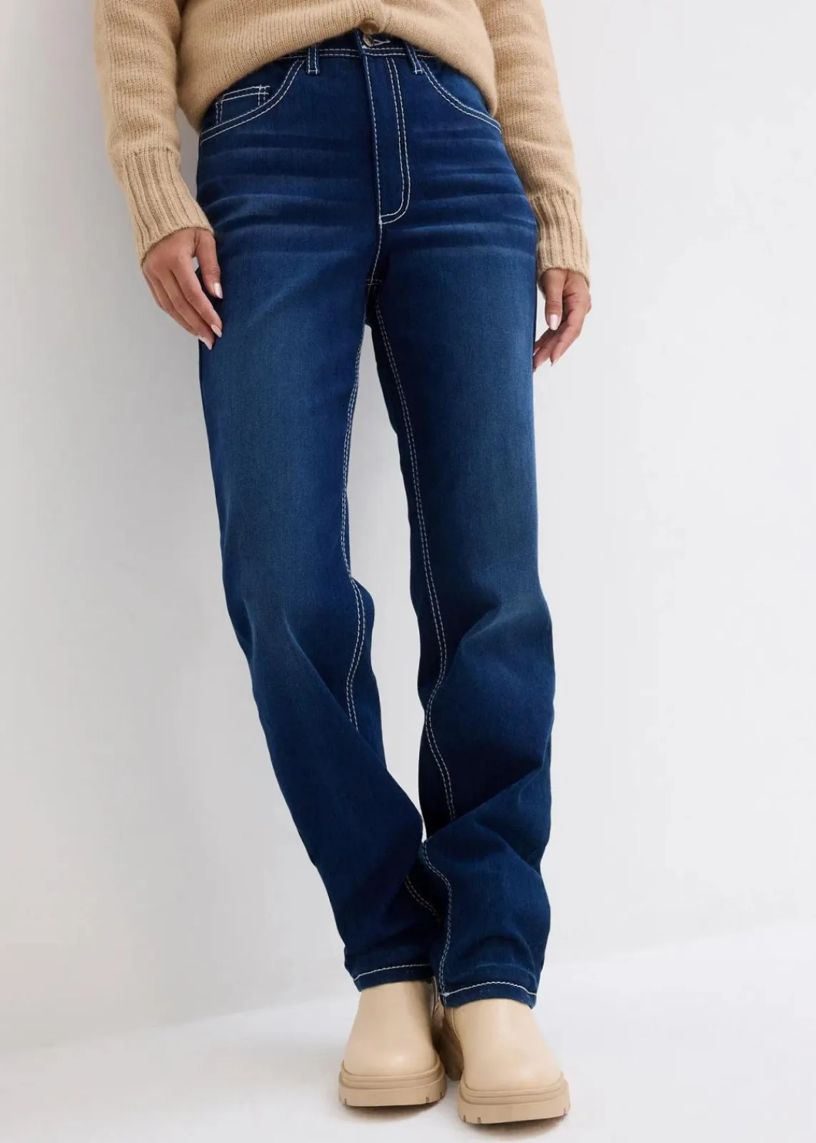 bonprix Jeans|Bekleidung·Shirts & Tops^Straight Jeans High Waist, Thermo dunkelblau denim used