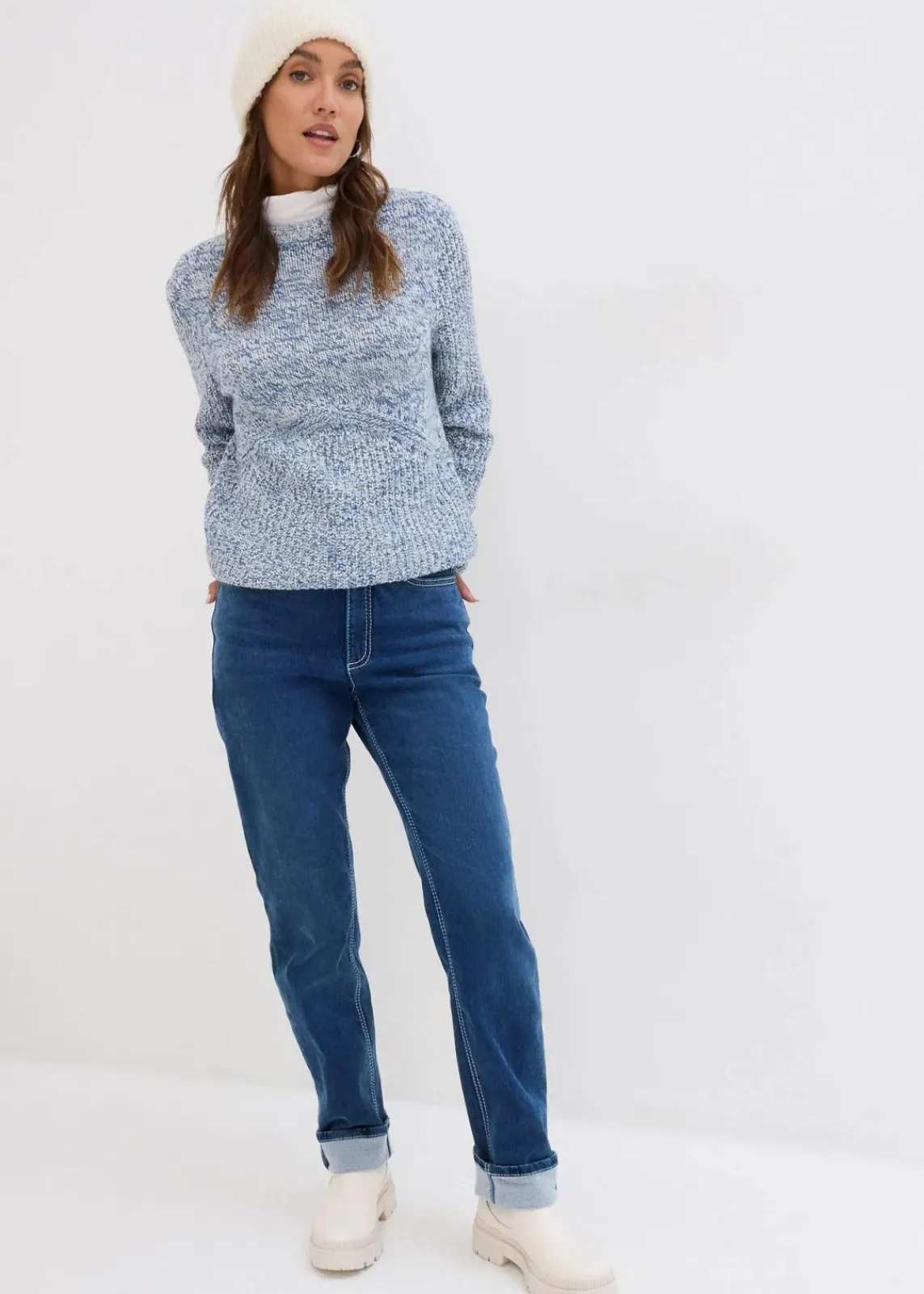 bonprix Bekleidung·Shirts & Tops|Jeans^Straight Jeans High Waist, Thermo blau denim used