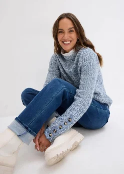 bonprix Bekleidung·Shirts & Tops|Jeans^Straight Jeans High Waist, Thermo blau denim used