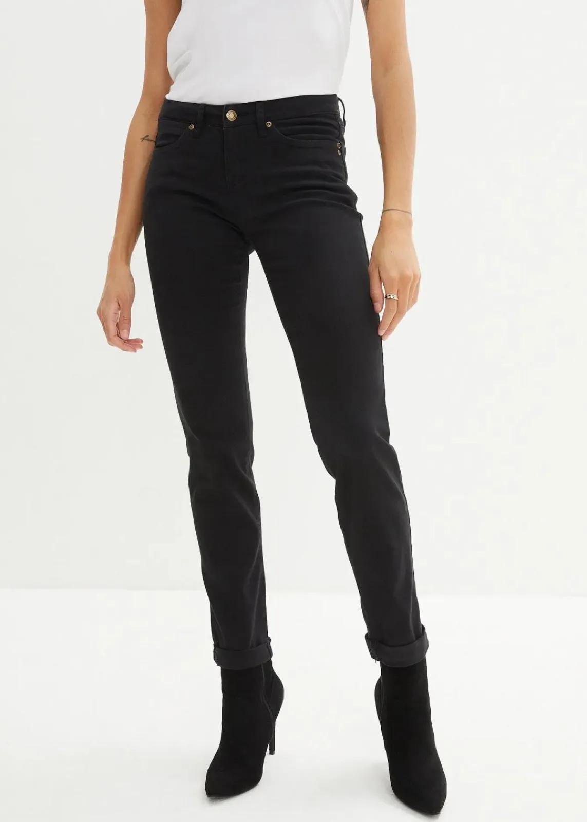 bonprix Jeans|Kurzgrößen^Straight Jeans Mid Waist, Stretch schwarz twill