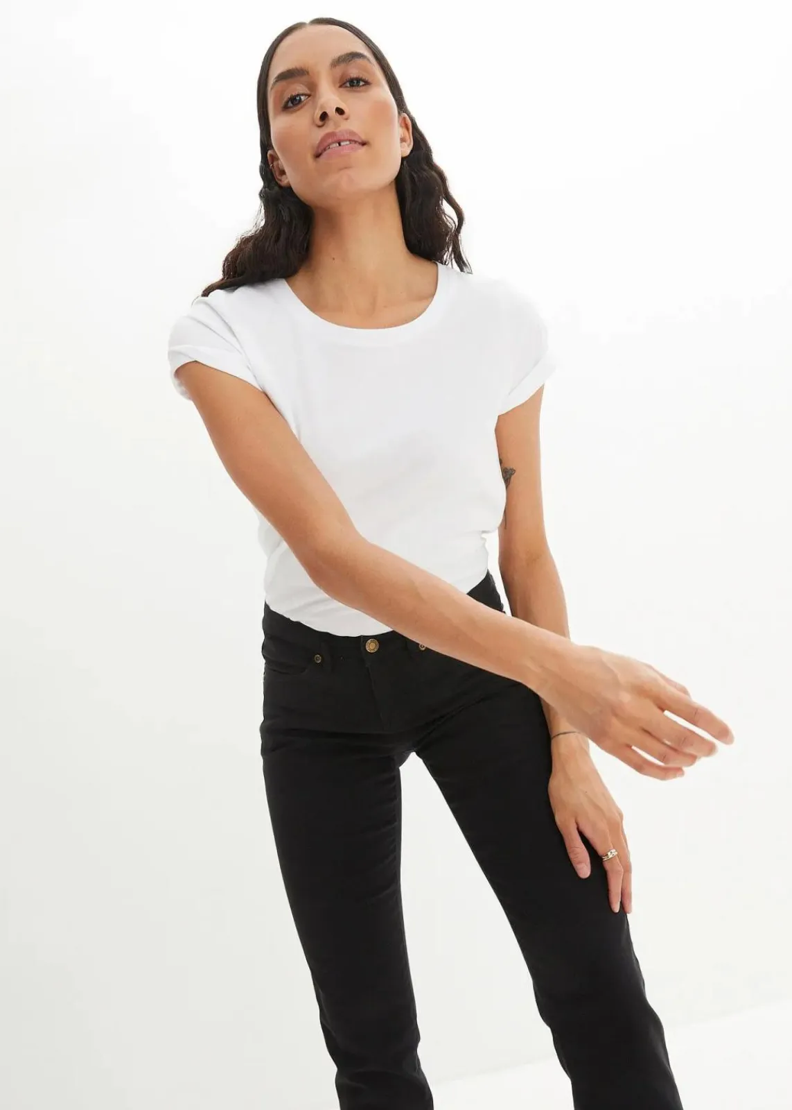 bonprix Jeans|Kurzgrößen^Straight Jeans Mid Waist, Stretch schwarz twill