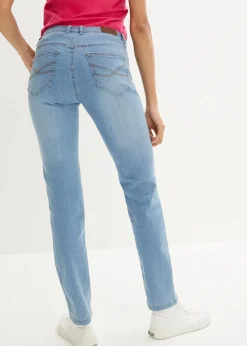 bonprix Jeans|Kurzgrößen^Straight Jeans Mid Waist, Stretch hellblau used