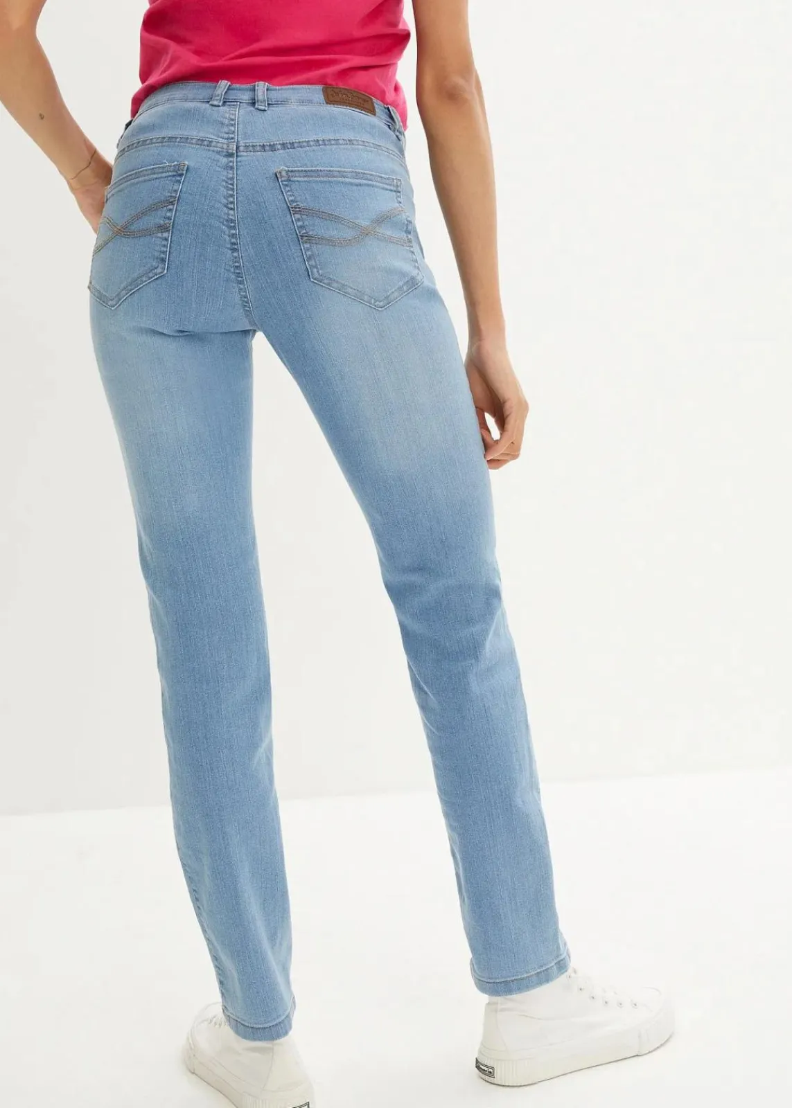 bonprix Jeans|Kurzgrößen^Straight Jeans Mid Waist, Stretch hellblau used
