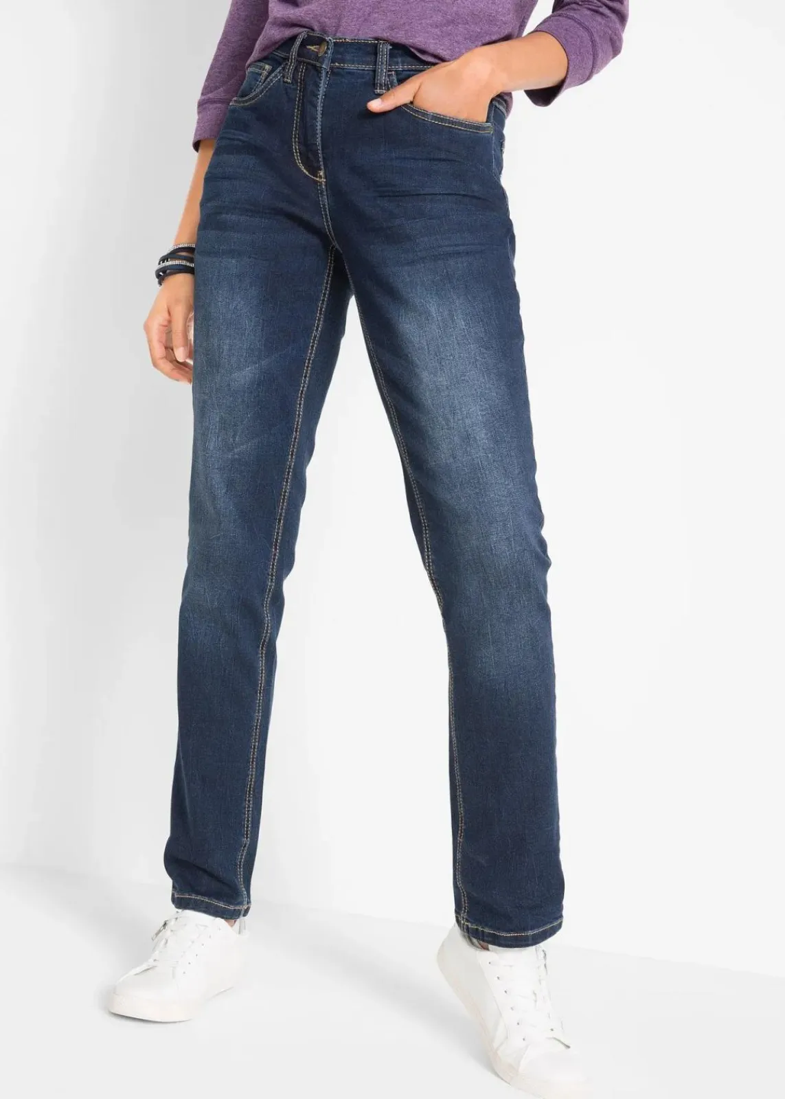 bonprix Bekleidung·Shirts & Tops|Jeans^Straight Jeans Mid Waist, Stretch dunkelblau used