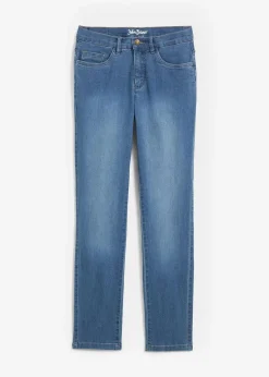 bonprix Jeans|Kurzgrößen^Straight Jeans Mid Waist, Stretch blau used