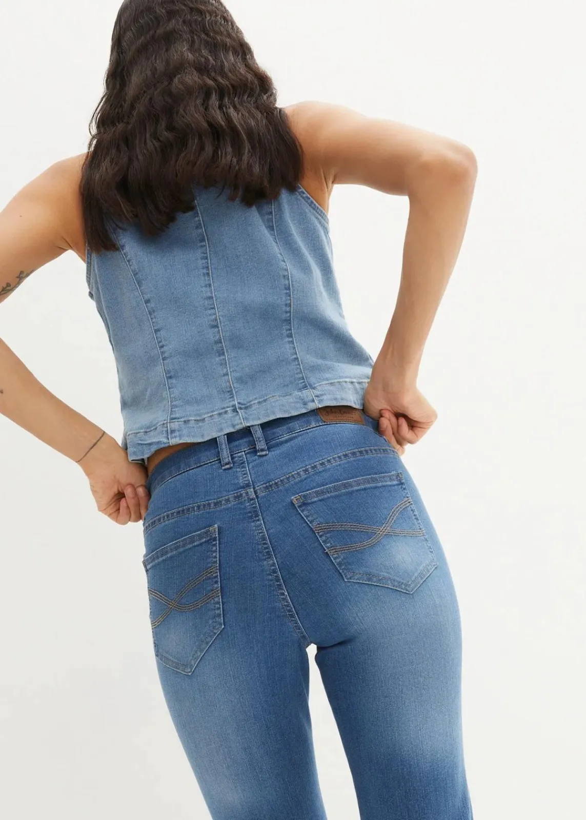 bonprix Jeans|Kurzgrößen^Straight Jeans Mid Waist, Stretch blau used