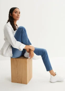 bonprix Jeans|Kurzgrößen^Straight Jeans Mid Waist, Stretch blau used