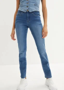 bonprix Jeans|Kurzgrößen^Straight Jeans Mid Waist, Stretch blau denim