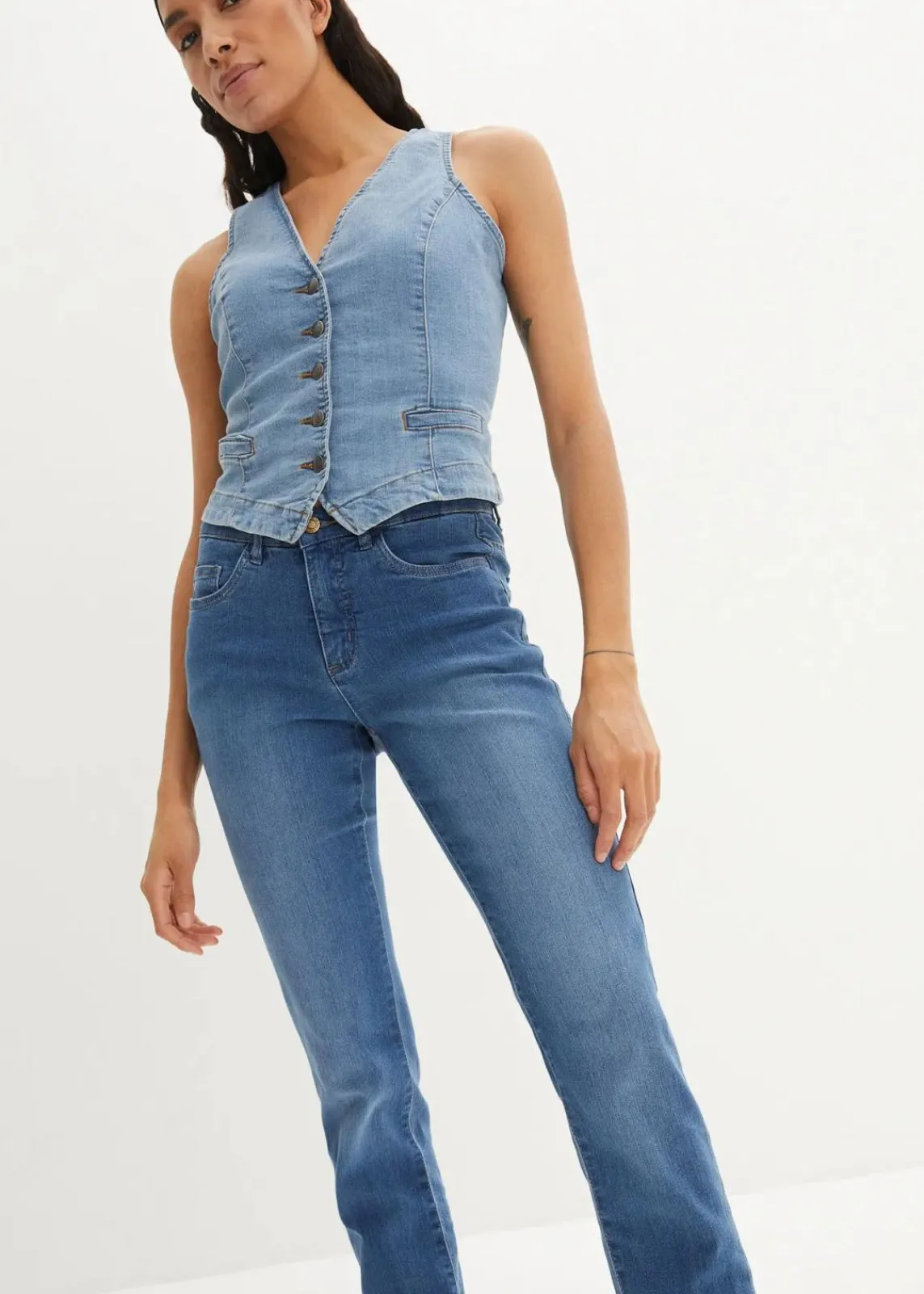 bonprix Jeans|Kurzgrößen^Straight Jeans Mid Waist, Stretch blau denim