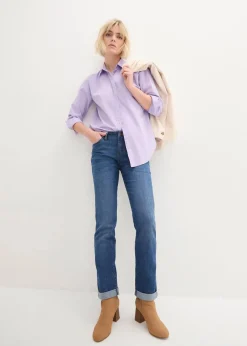 bonprix Kurzgrößen|Bekleidung·Shirts & Tops^Straight Jeans Mid Waist, Stretch blau denim used