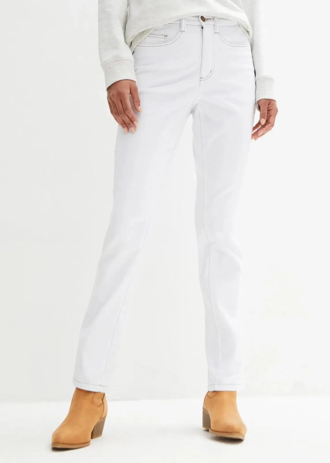 bonprix Jeans|Kurzgrößen^Straight Jeans Mid Waist, Stretch weiß twill