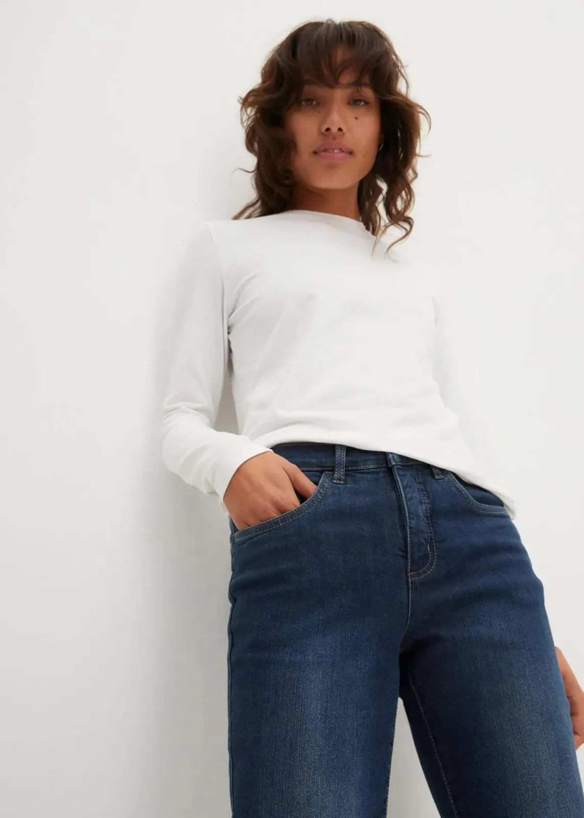 bonprix Jeans|Kurzgrößen^Straight Jeans Mid Waist, Stretch dunkelblau used