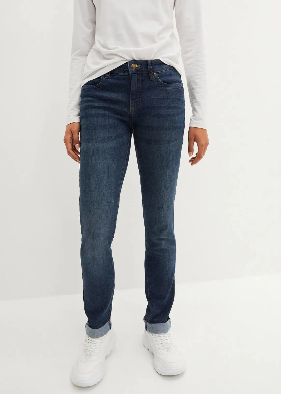 bonprix Jeans|Kurzgrößen^Straight Jeans Mid Waist, Stretch dunkelblau used