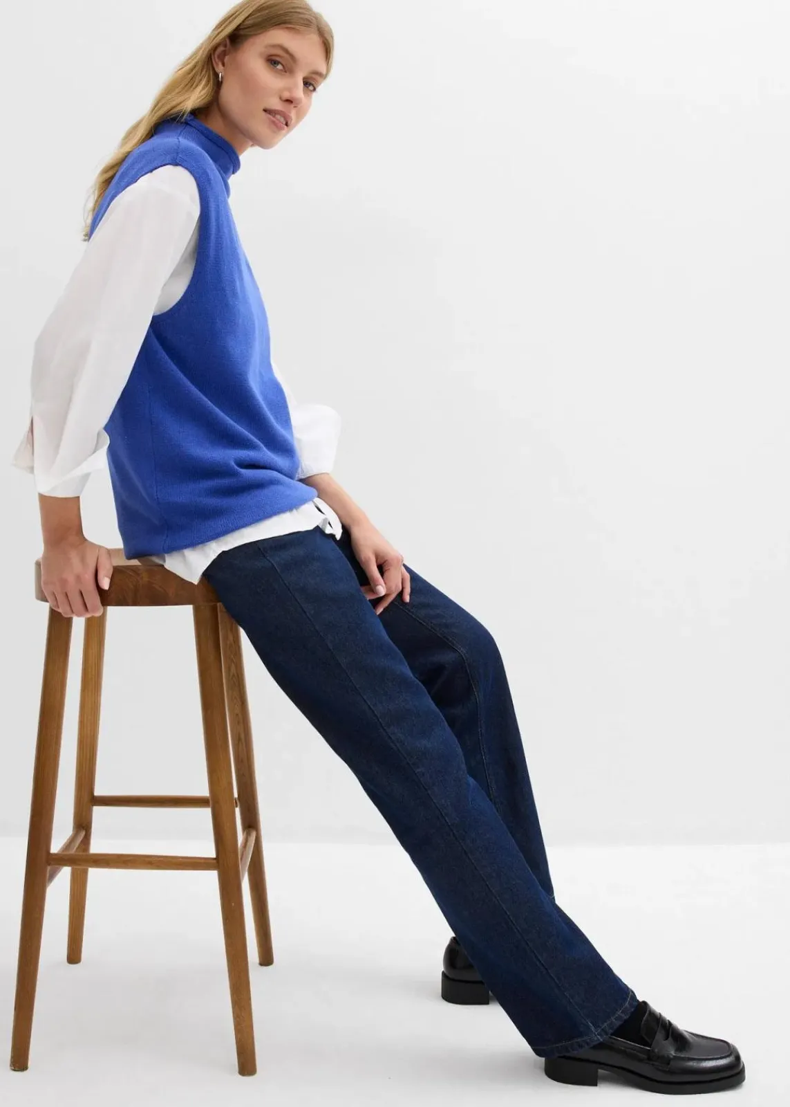 bonprix Bekleidung·Shirts & Tops|Nachhaltigere Materialien^Straight-Jeans, High Waist, Long aus Bio-Baumwolle tiefblau denim ungewaschen