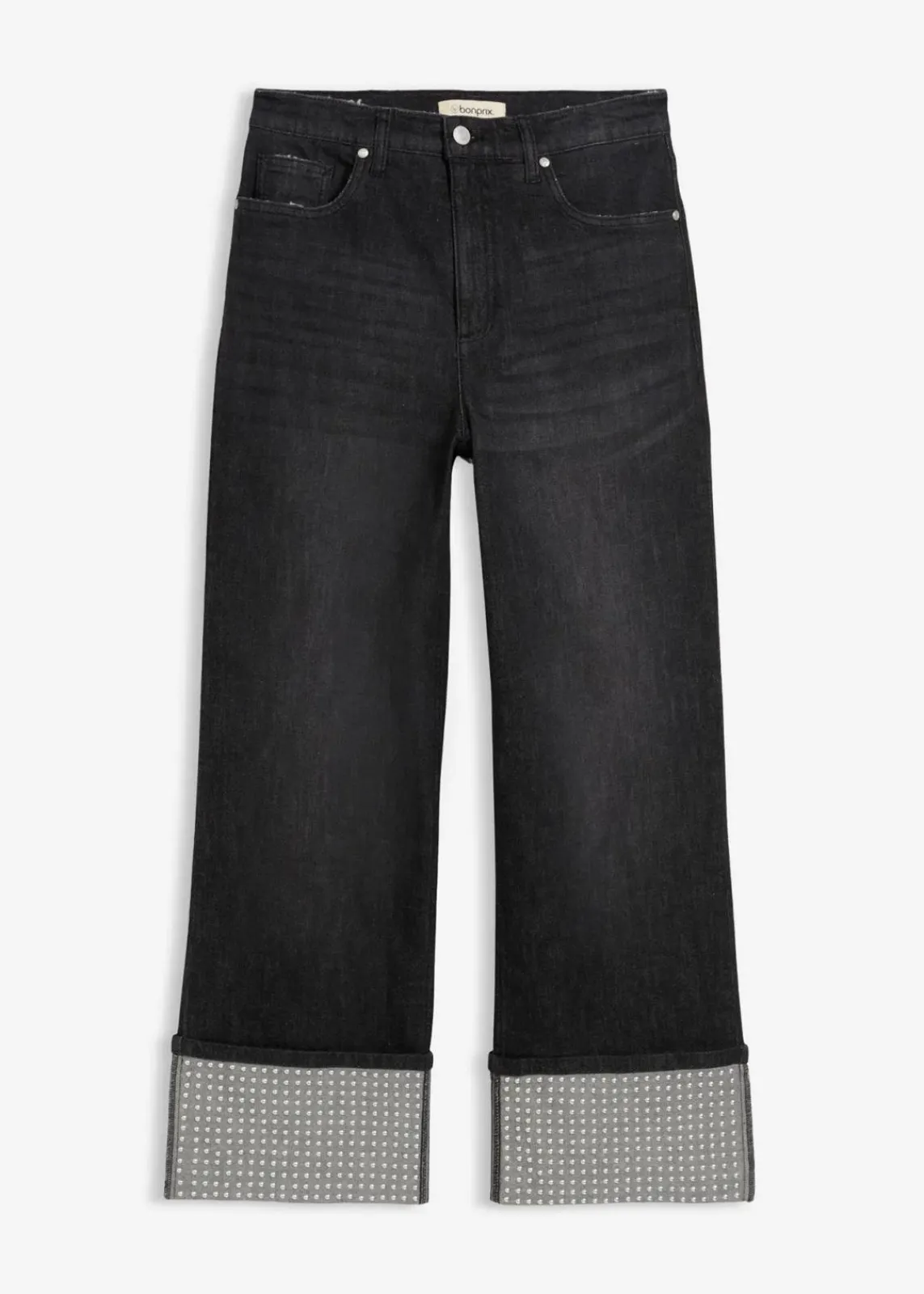 bonprix Bekleidung·Shirts & Tops|Jeans^Straight-Jeans High Waist mit Turn Up schwarz denim used