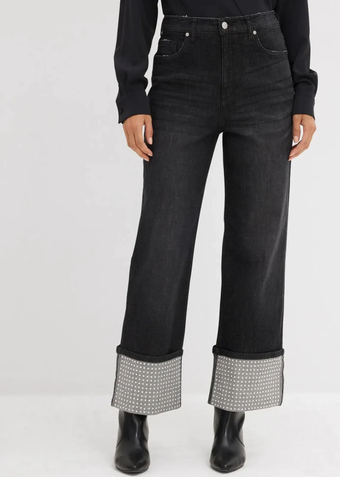 bonprix Bekleidung·Shirts & Tops|Jeans^Straight-Jeans High Waist mit Turn Up schwarz denim used