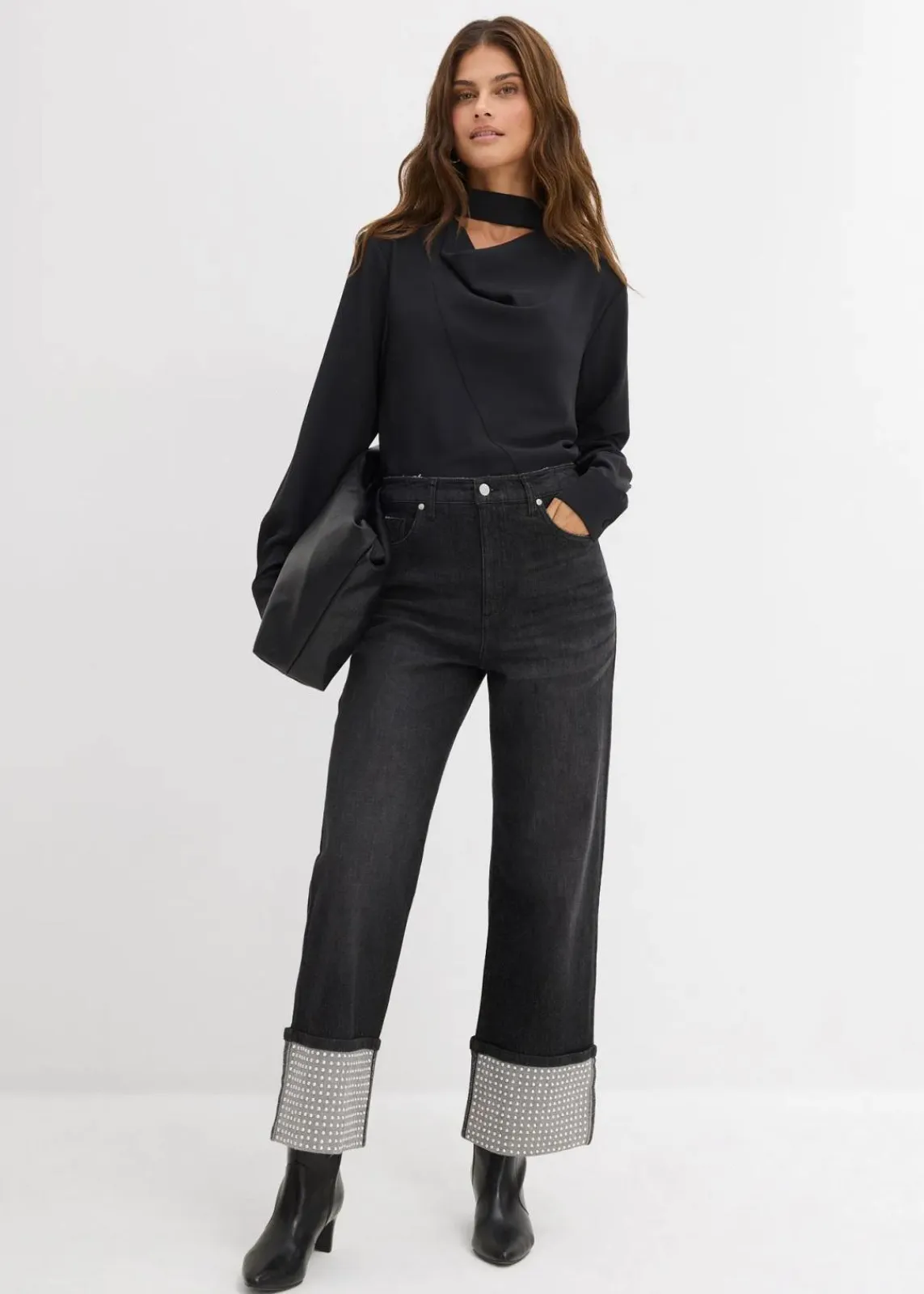 bonprix Bekleidung·Shirts & Tops|Jeans^Straight-Jeans High Waist mit Turn Up schwarz denim used