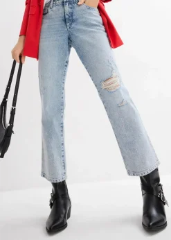 bonprix Bekleidung·Shirts & Tops|Jeans^Straight-Jeans Mid Waist Bequembund Low Stretch, cropped eisblau denim used