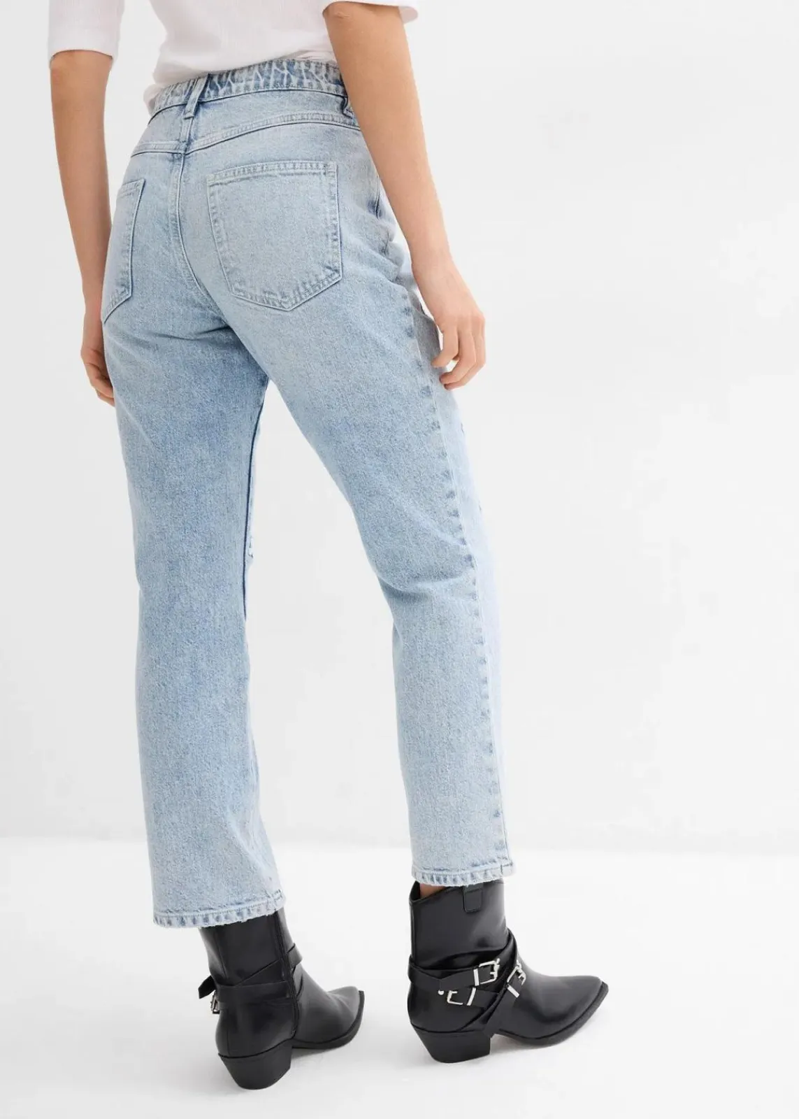bonprix Bekleidung·Shirts & Tops|Jeans^Straight-Jeans Mid Waist Bequembund Low Stretch, cropped eisblau denim used