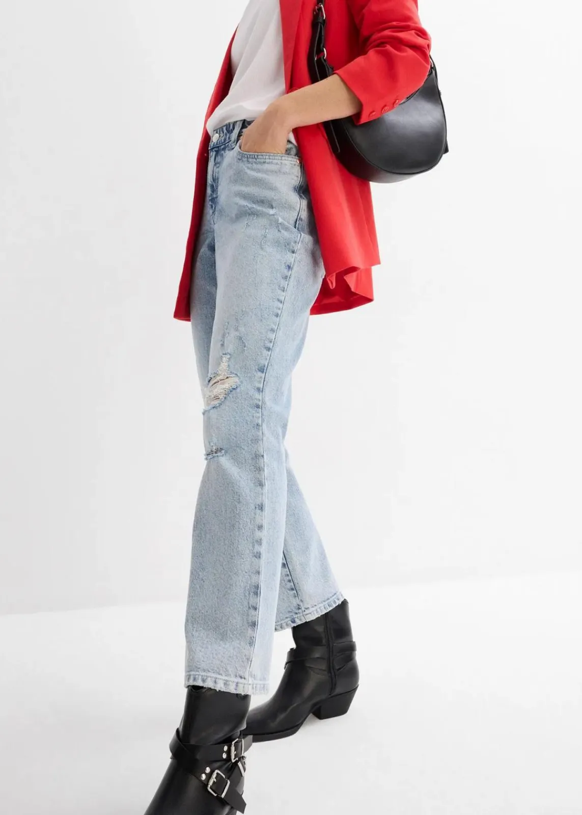 bonprix Bekleidung·Shirts & Tops|Jeans^Straight-Jeans Mid Waist Bequembund Low Stretch, cropped eisblau denim used